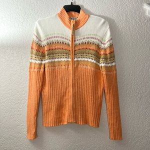 Tiara International Peach White Classic Knitted Front Zip mock Casual Sweater